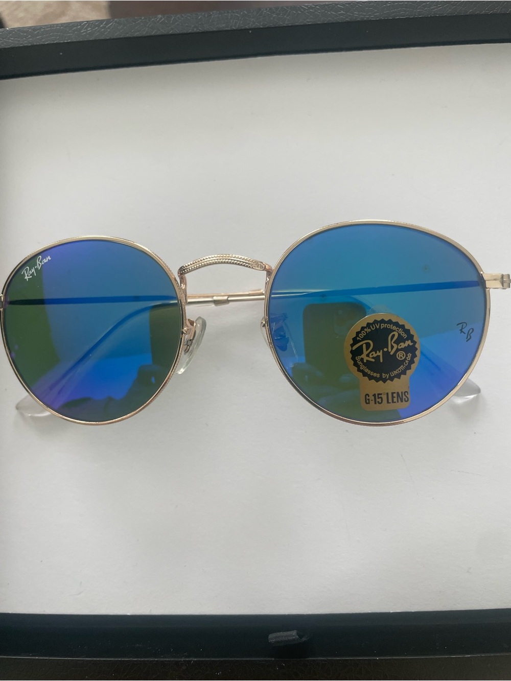 Ray-Ban Gold Frame Sunglasses with Blue Mirror Lenses